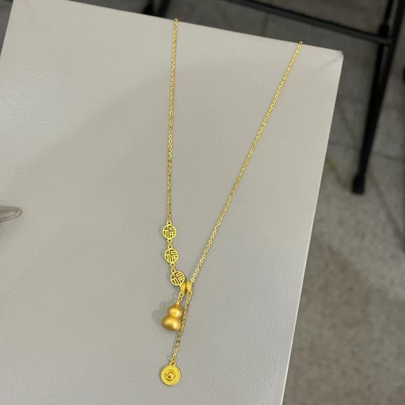 S925 Sterling Silver New Chinese Style Gold Gourd Necklace, Light Luxury, Niche Style, Chinese Elegance, Fortune Tassel Clavicle Chain