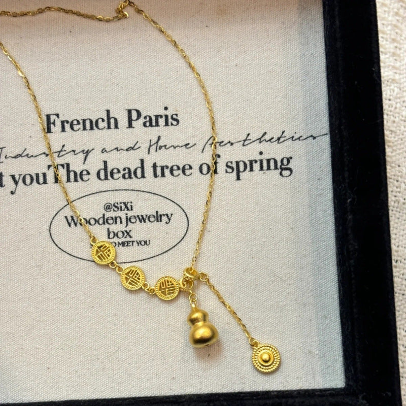 S925 Sterling Silver New Chinese Style Gold Gourd Necklace, Light Luxury, Niche Style, Chinese Elegance, Fortune Tassel Clavicle Chain