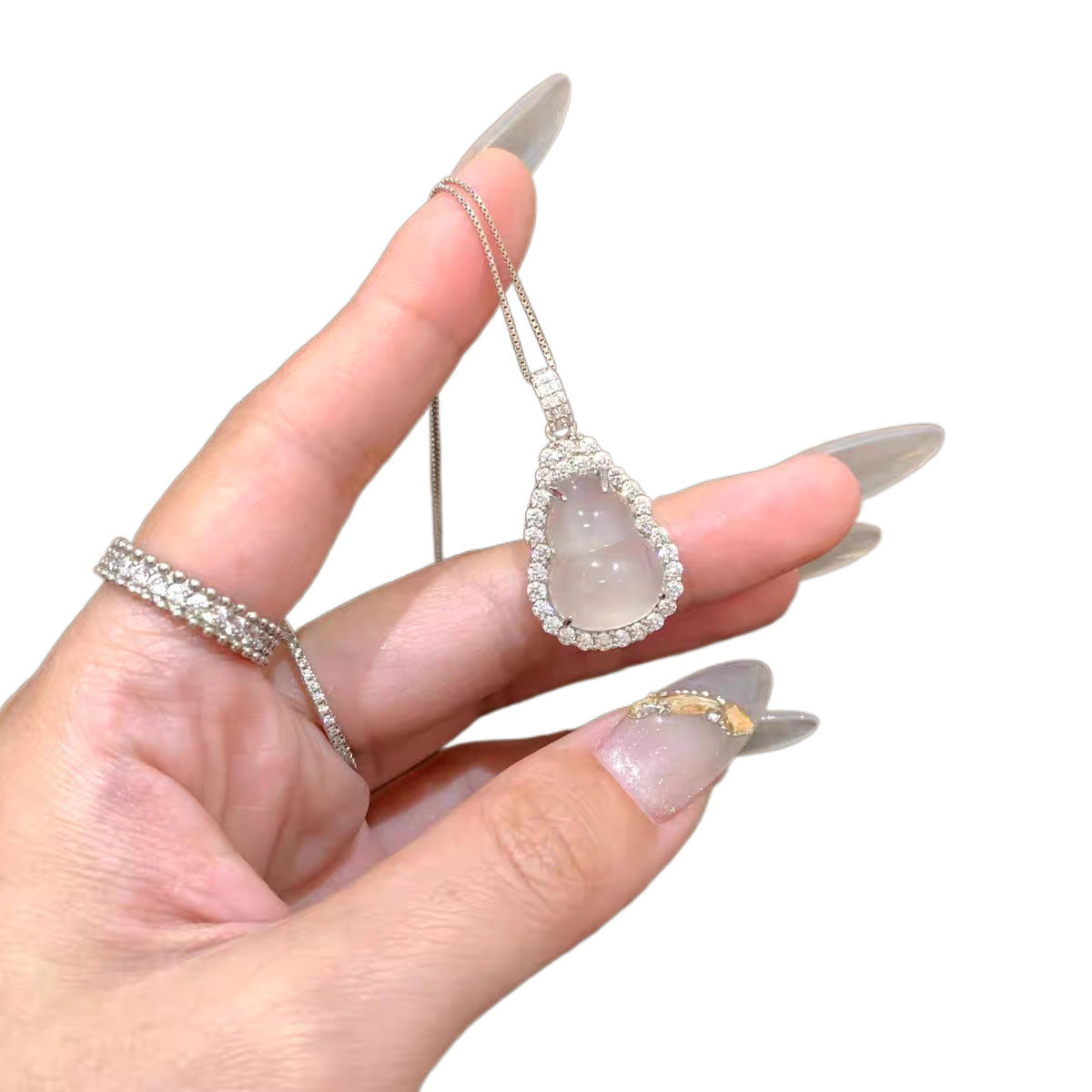 S925 Sterling Silver Jadeite Gourd Necklace Pendant with Charm and Auspicious Design, Clavicle Chain/Necklace with Elegant Style